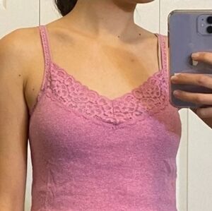 Vintage Y2k Bella Swan Lace Trim Ribbed Spaghetti Strap Tank Top Pink Small
